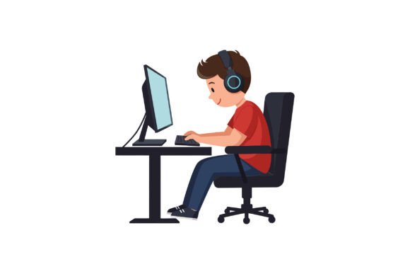 Boy Using Computer While Wearing Headphones: A Versatile Visual for Digital Life