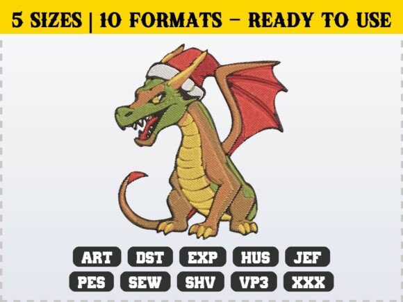 Fantasy Dragon with Santa Hat: A Festive Twist on Fantasy Embroidery