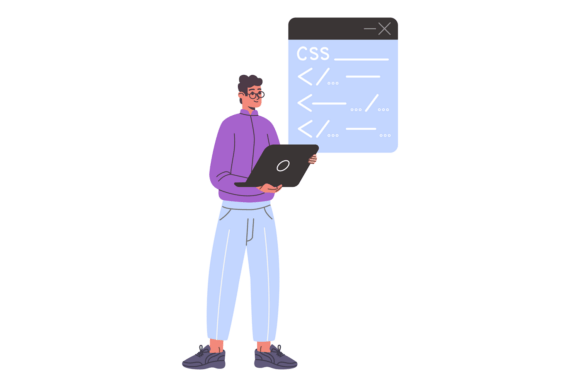 Man with Laptop Software Programming. Ga and Man with laptop software programming. Gaming development. Specialist creating computer game or app. Script writing or testing. Developer job. Vector cartoon flat style isolated illustration EPS, JPG