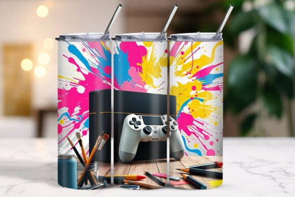 Vibrant Console Color Splash Tumbler: A Digital Art Masterpiece for Gaming Enthusiasts